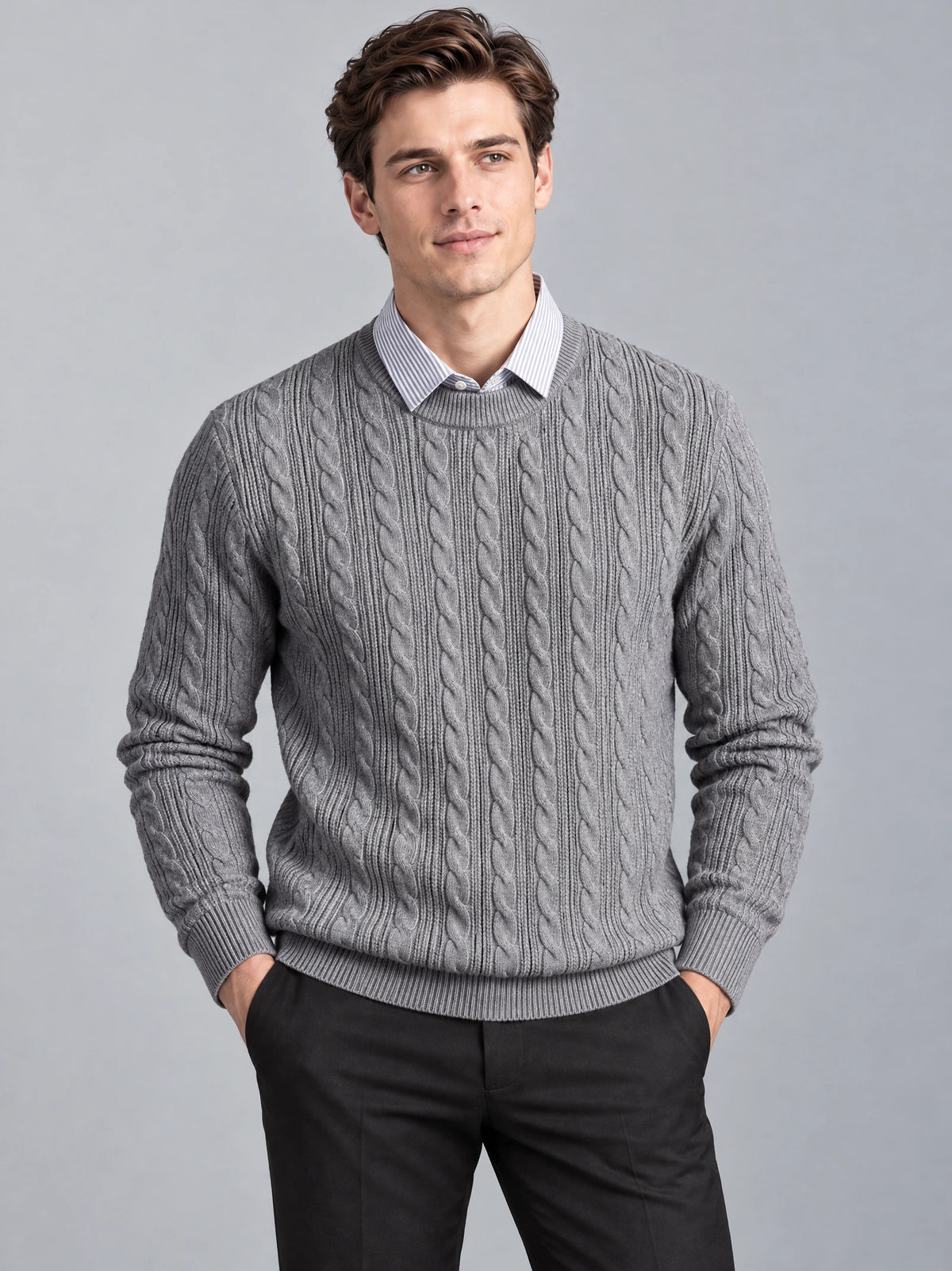 Front studio view of a model wearing a Gray business casual knitted pullover sweater with cable-knit texture and a faux shirt collar.