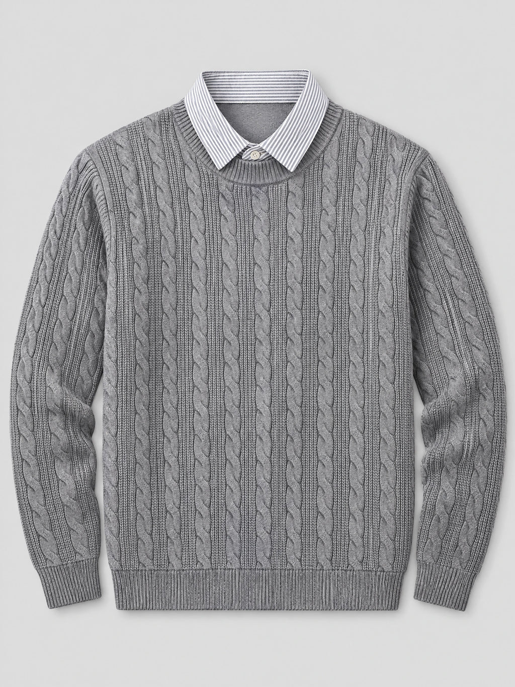 Gray business casual knitted pullover sweater laid flat, featuring cable-knit texture and a striped faux shirt collar.