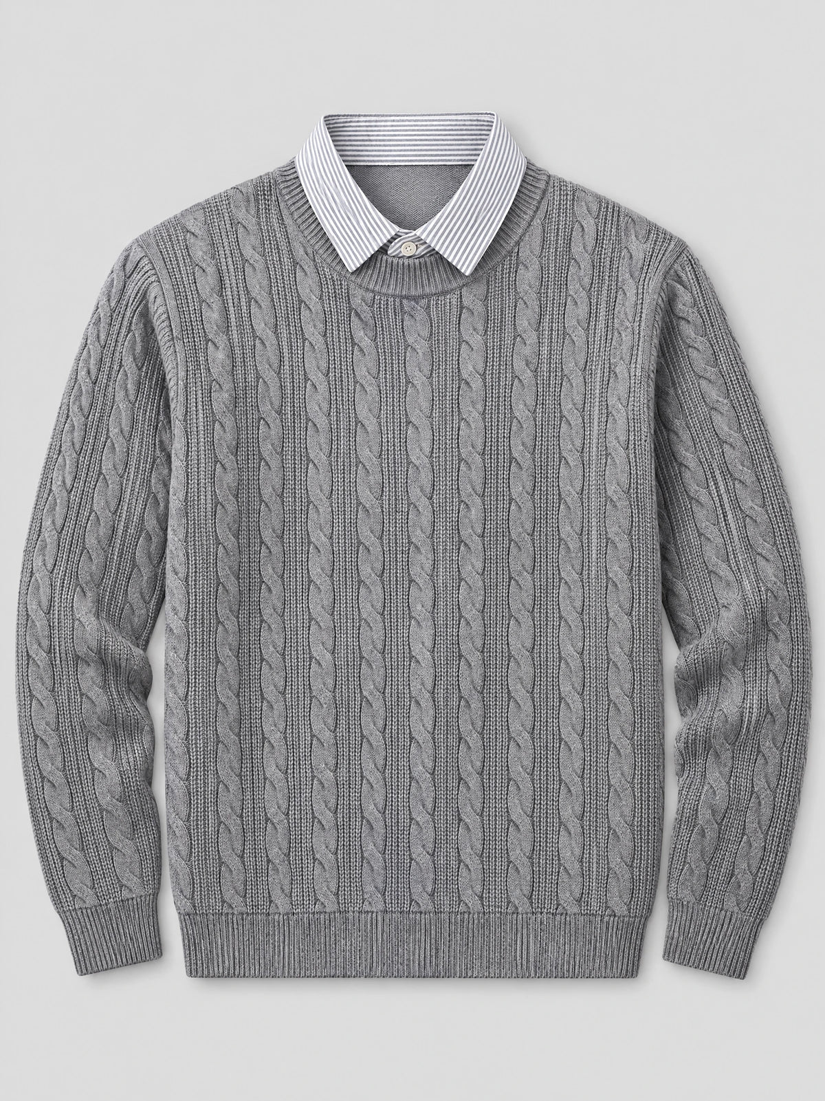 Gray business casual knitted pullover sweater laid flat, featuring cable-knit texture and a striped faux shirt collar.