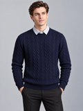 Front studio view of a model wearing a Navy business casual knitted pullover sweater with cable-knit texture and a faux shirt collar.