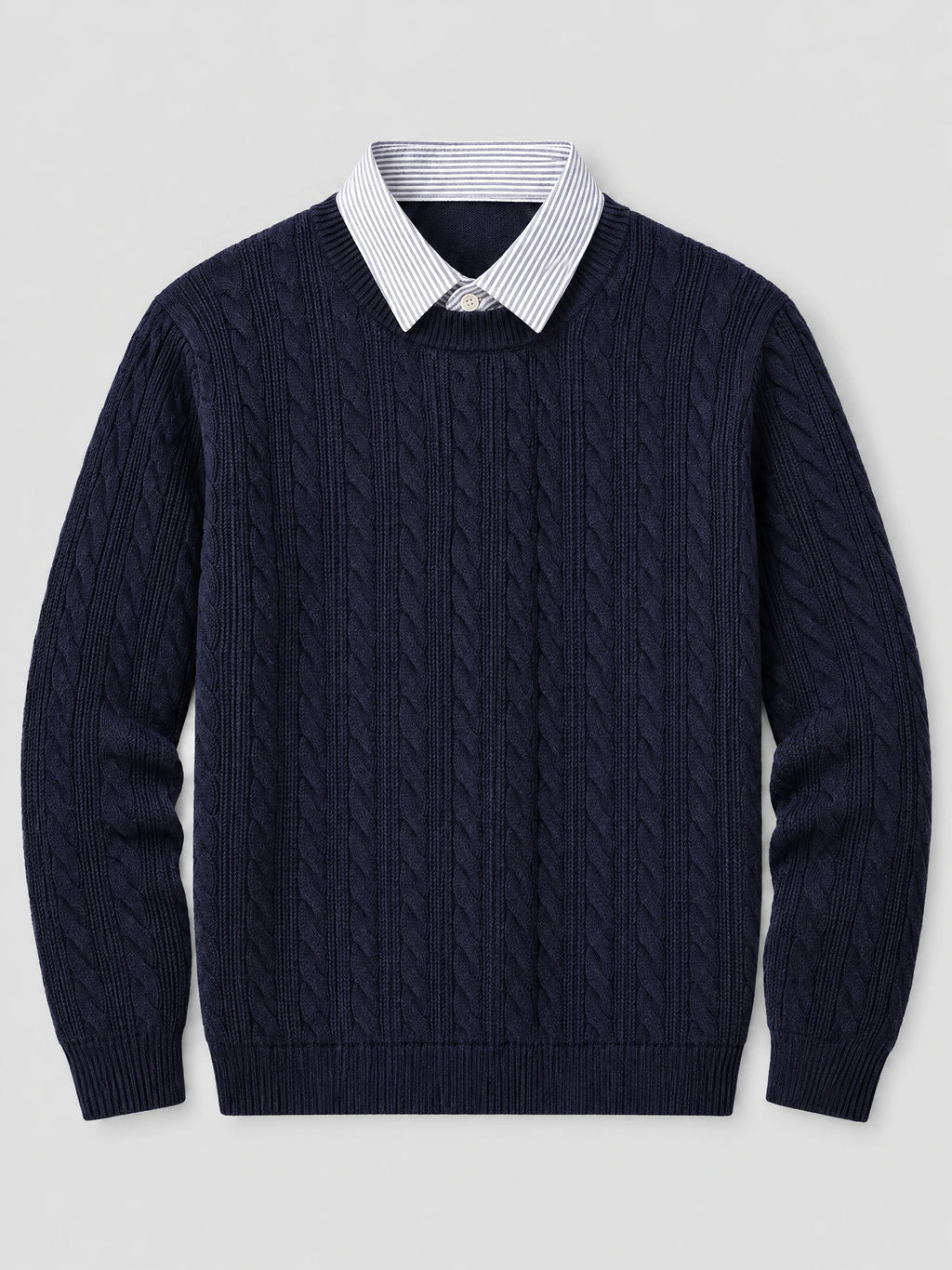 Navy business casual knitted pullover sweater laid flat, featuring a cable-knit texture and striped faux shirt collar.