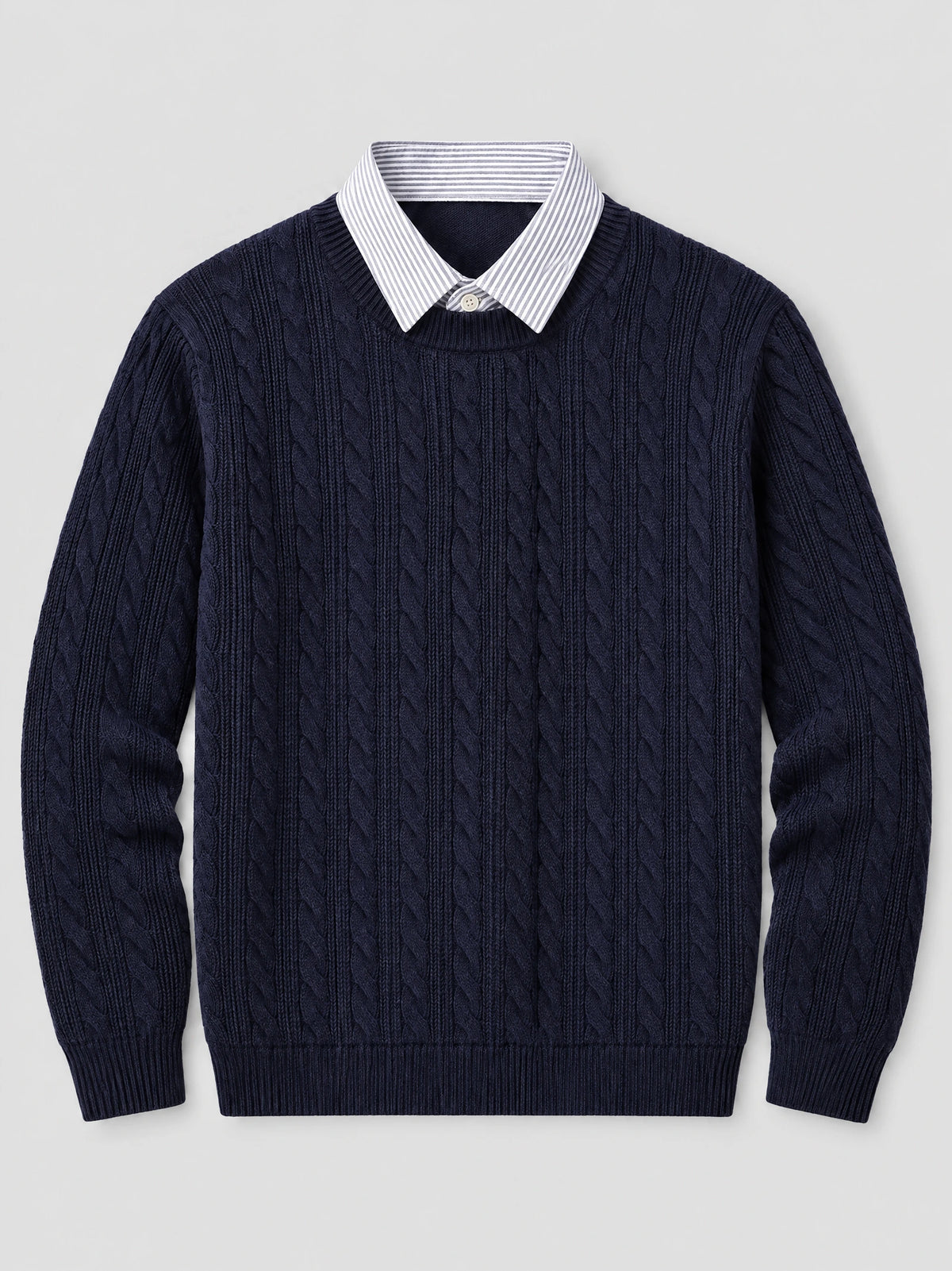 Navy business casual knitted pullover sweater laid flat, featuring a cable-knit texture and striped faux shirt collar.