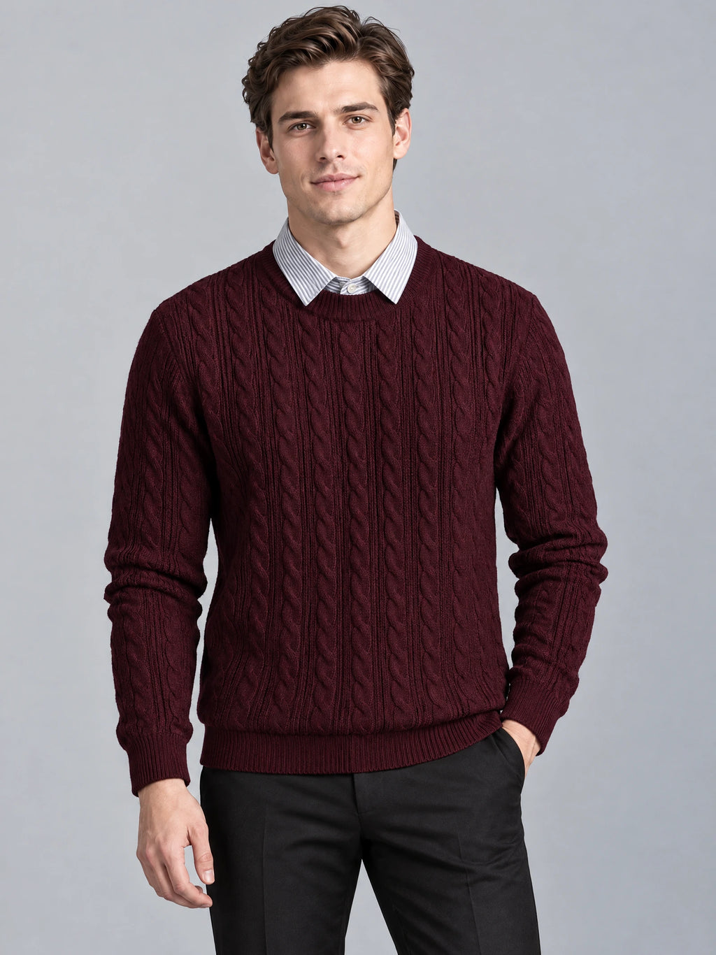 Front studio view of a model wearing a Wine business casual knitted pullover sweater with cable-knit texture and a faux shirt collar.