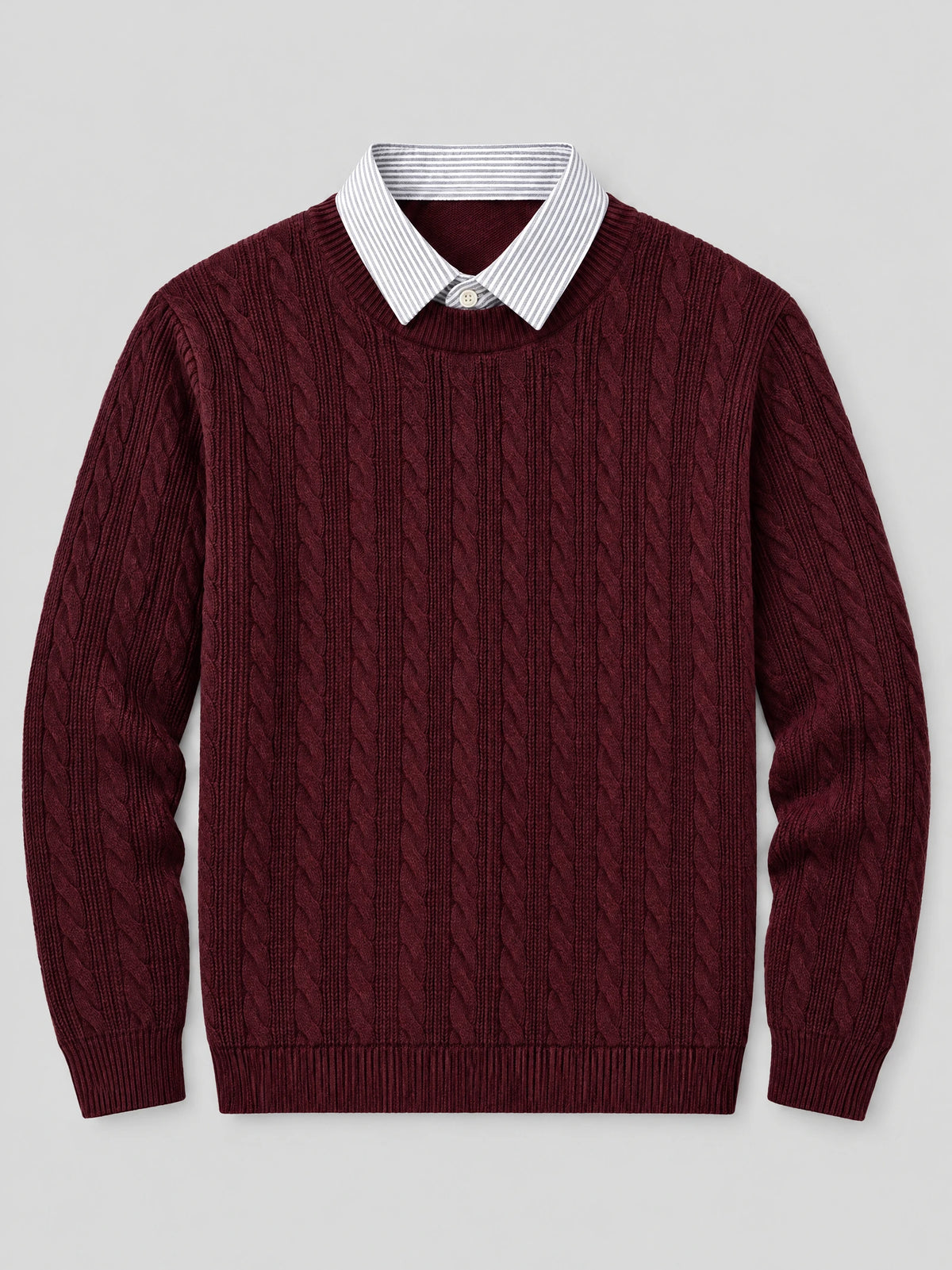 Wine business casual knitted pullover sweater laid flat, featuring cable-knit texture and a striped faux shirt collar.