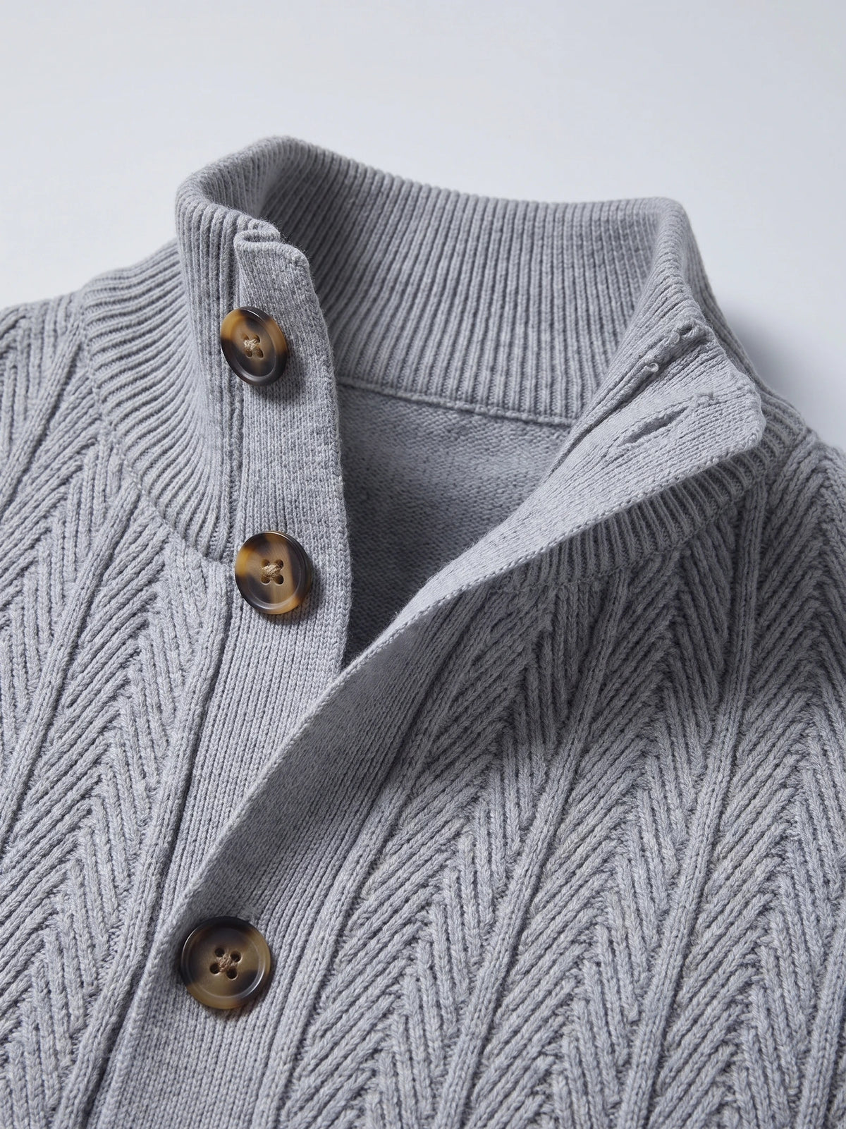 Gray Button Up Cardigan detail showing the ribbed stand collar, textured cotton knit, and button-front placket.