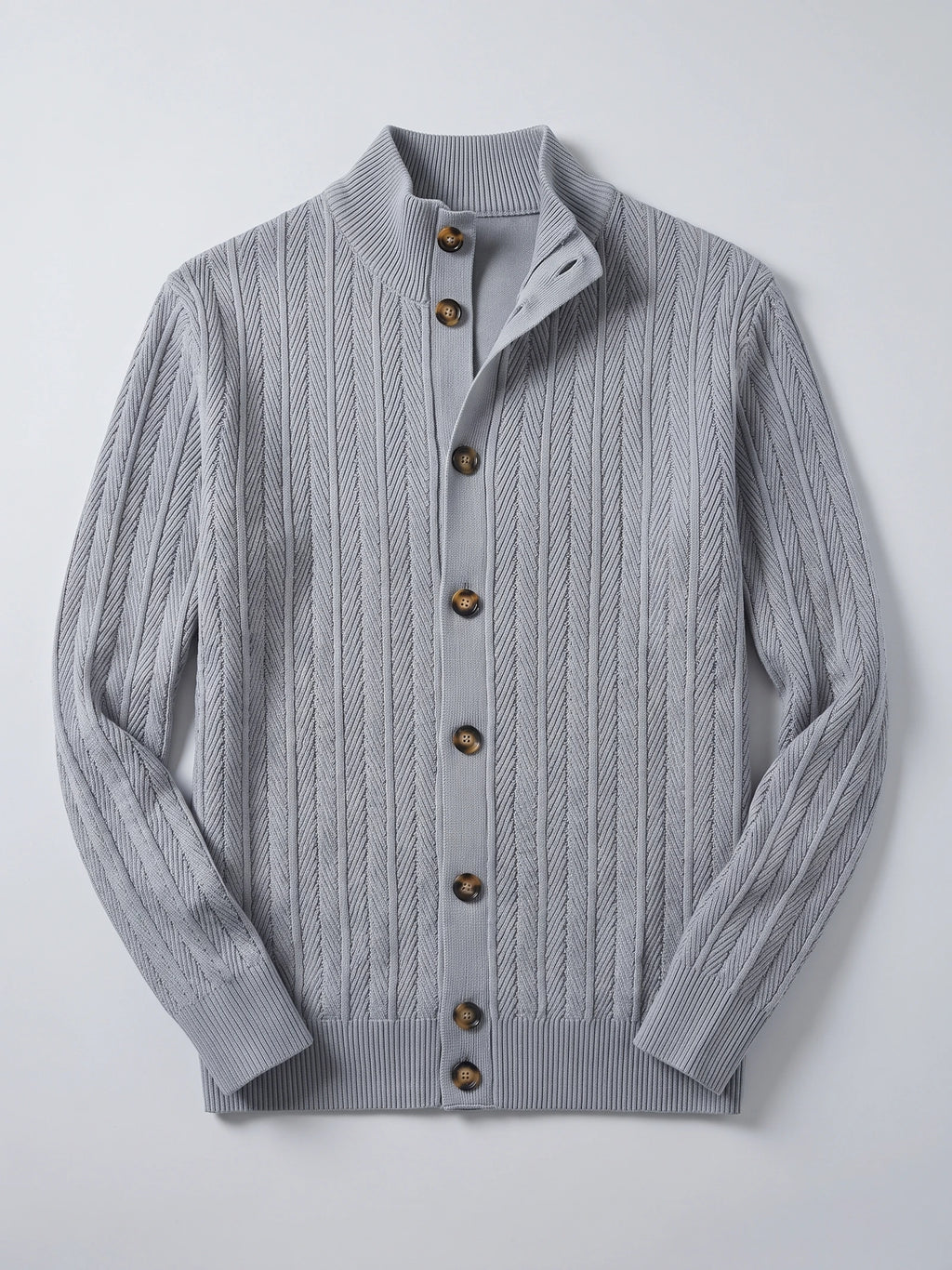 Gray cotton Button Up Cardigan laid flat, featuring a ribbed stand collar, textured vertical knit pattern, and front buttons.