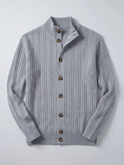 Gray cotton Button Up Cardigan laid flat, featuring a ribbed stand collar, textured vertical knit pattern, and front buttons.