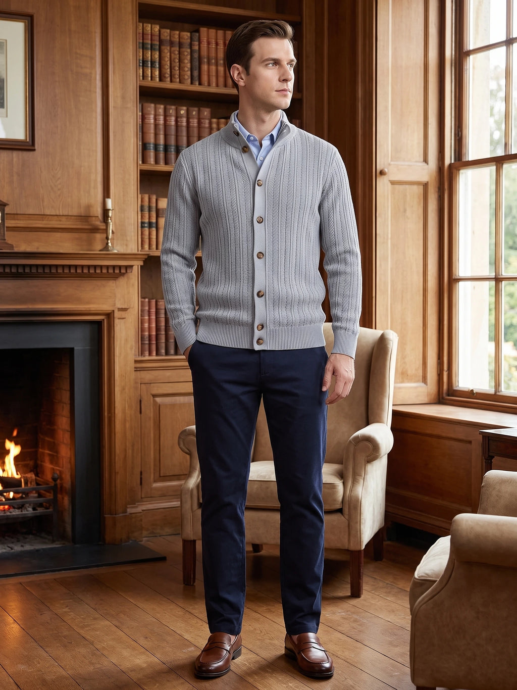 Man wearing a Gray Button Up Cardigan with a stand collar in a wood-paneled study beside a fireplace and bookcase.