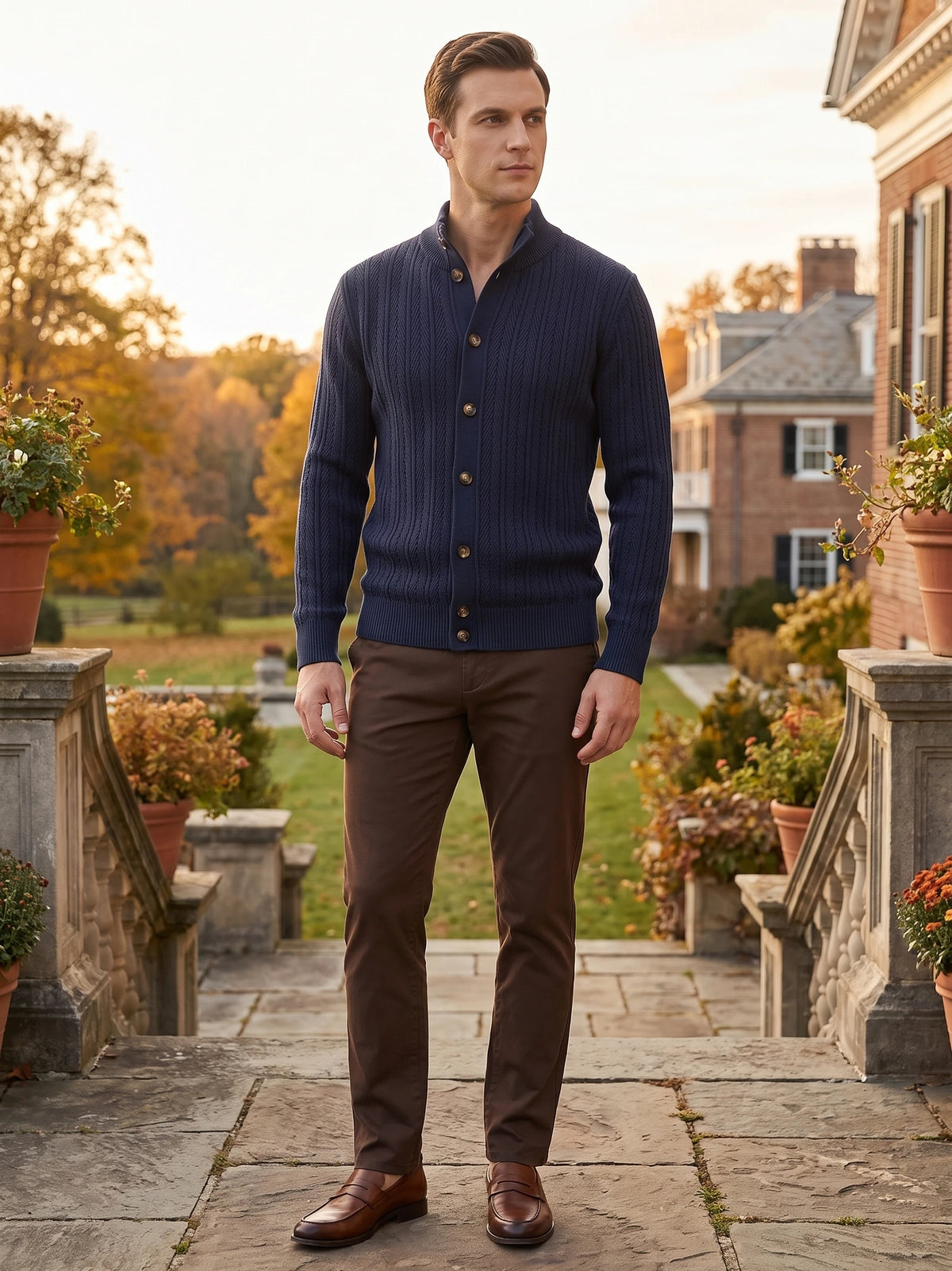 Model wearing a Navy Button Up Cardigan with a stand collar and textured knit pattern on a stone terrace beside a house.