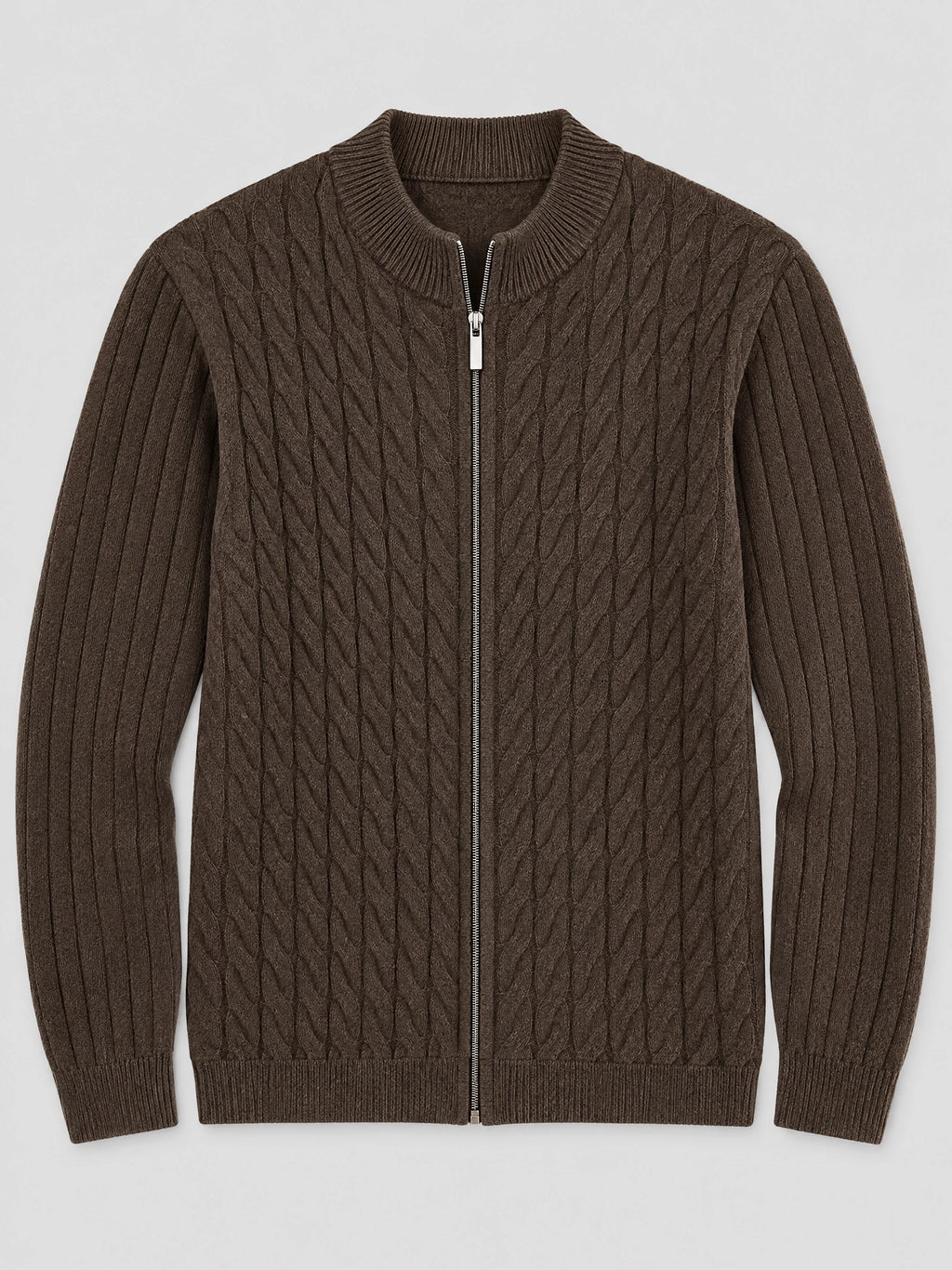 Brown cable knit full zip sweater laid flat, featuring a ribbed stand collar, textured front panels, and ribbed sleeves.