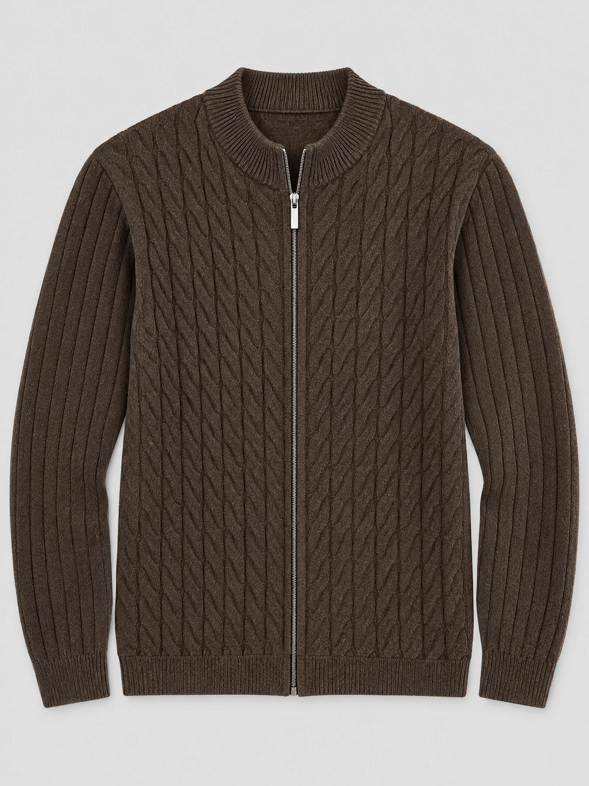 Brown cable knit full zip sweater laid flat, featuring a ribbed stand collar, textured front panels, and ribbed sleeves.