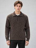 Front studio view of a model wearing a Brown cable knit pullover with a polo collar and three-button placket.
