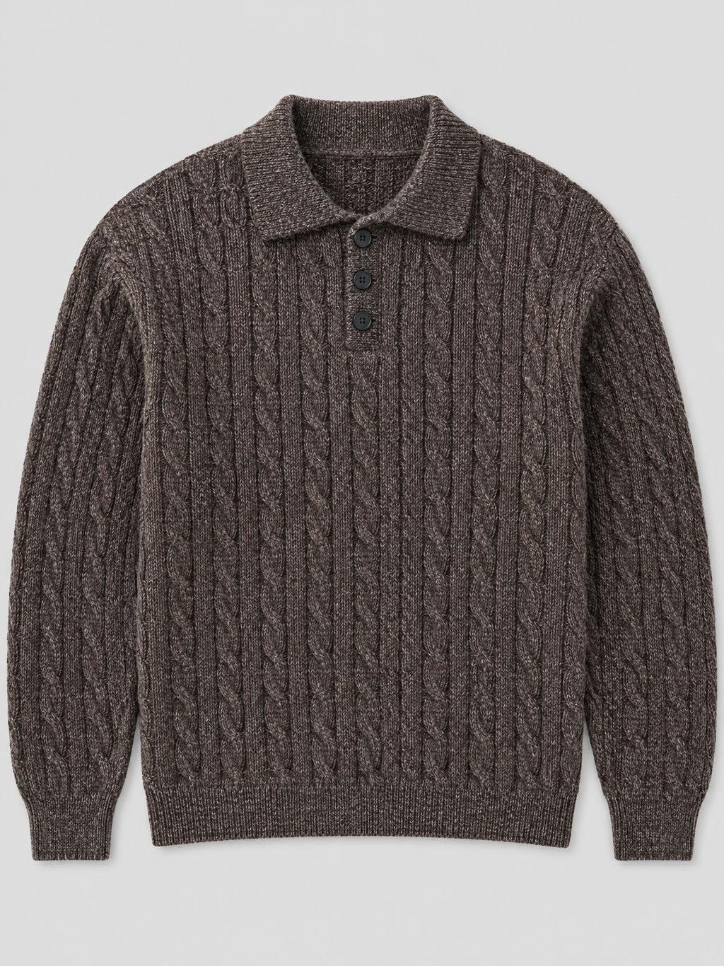 Brown cable knit pullover laid flat, featuring a polo collar, three-button placket, and ribbed cuffs and hem.