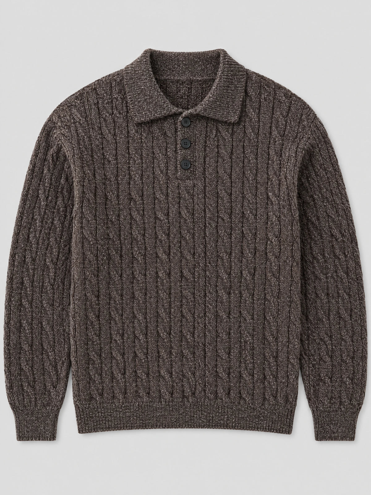 Brown cable knit pullover laid flat, featuring a polo collar, three-button placket, and ribbed cuffs and hem.