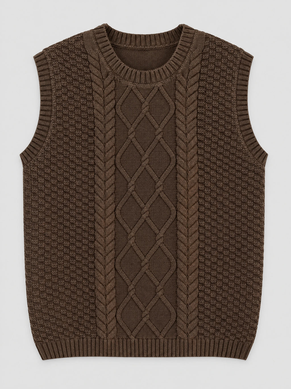 Brown cable knit sweater vest laid flat, featuring a ribbed round neckline, armholes, hem, and textured diamond-knit front.