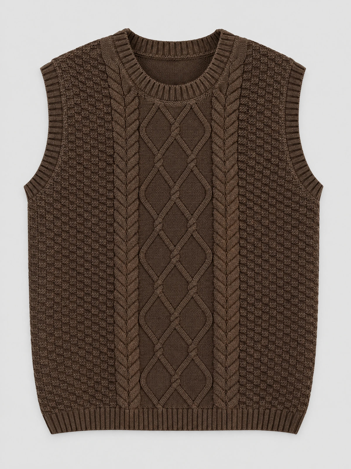 Brown cable knit sweater vest laid flat, featuring a ribbed round neckline, armholes, hem, and textured diamond-knit front.