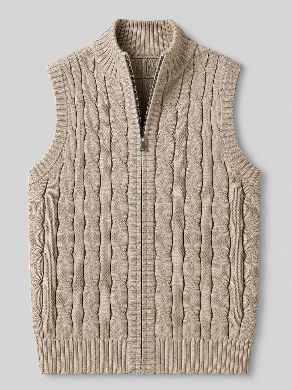 Khaki wool cable knit sweater vest laid flat, featuring a ribbed stand collar and half zip front.