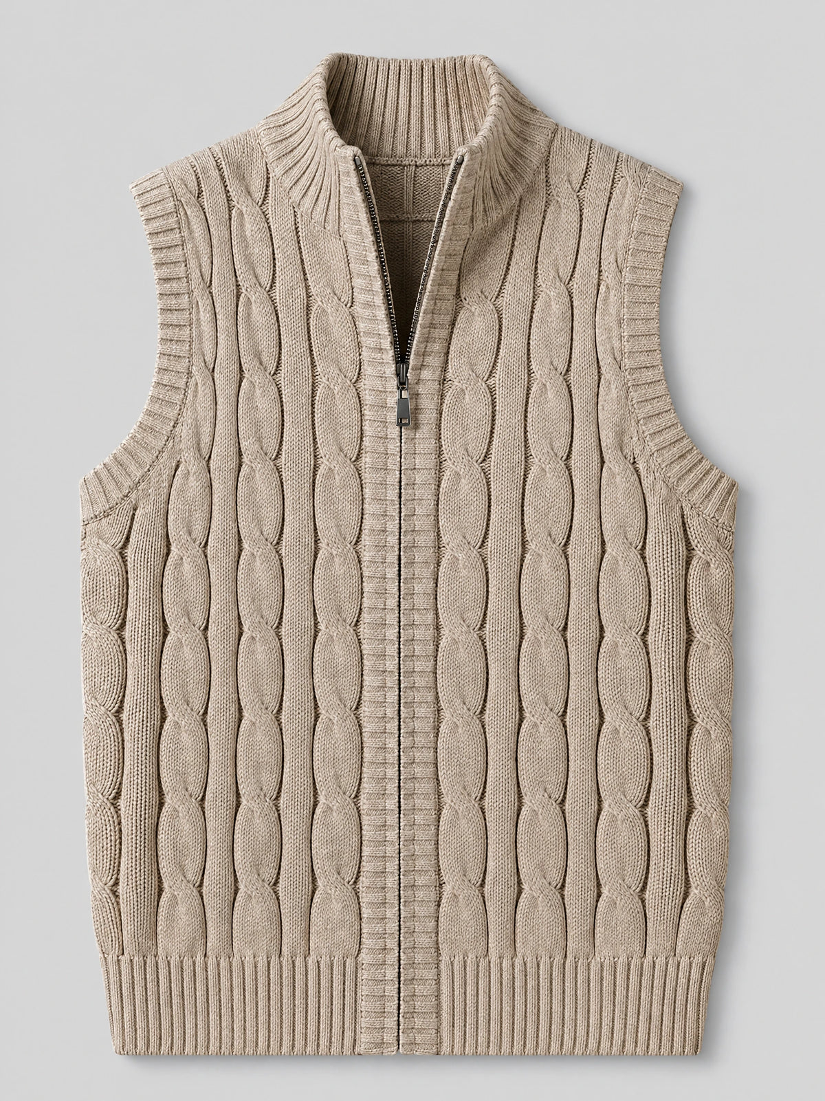 Khaki wool cable knit sweater vest laid flat, featuring a ribbed stand collar and half zip front.