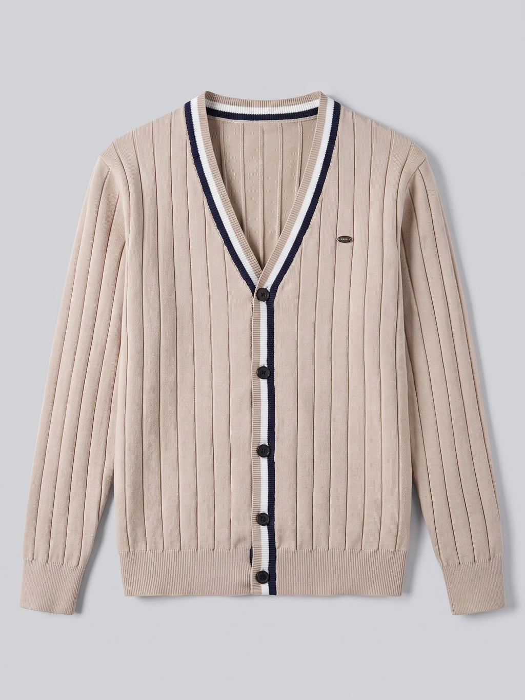 Beige cotton Cardigan Sweater laid flat, featuring a ribbed V-neck, button front, and vertical knit texture.