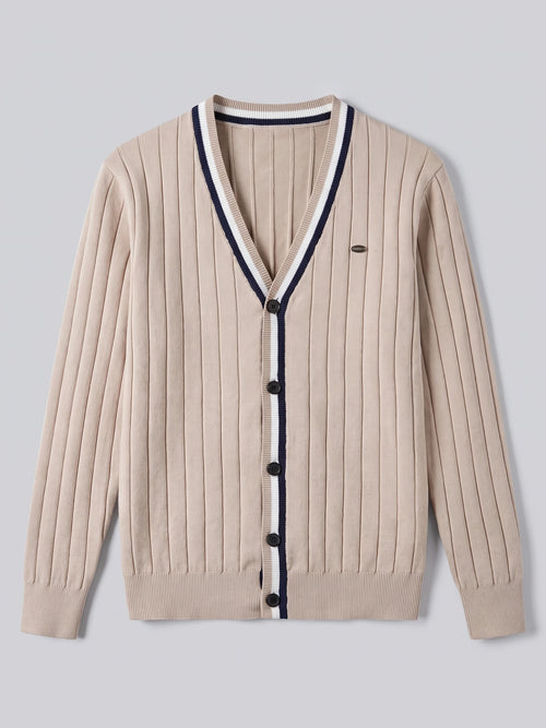 Beige cotton Cardigan Sweater laid flat, featuring a ribbed V-neck, button front, and vertical knit texture.