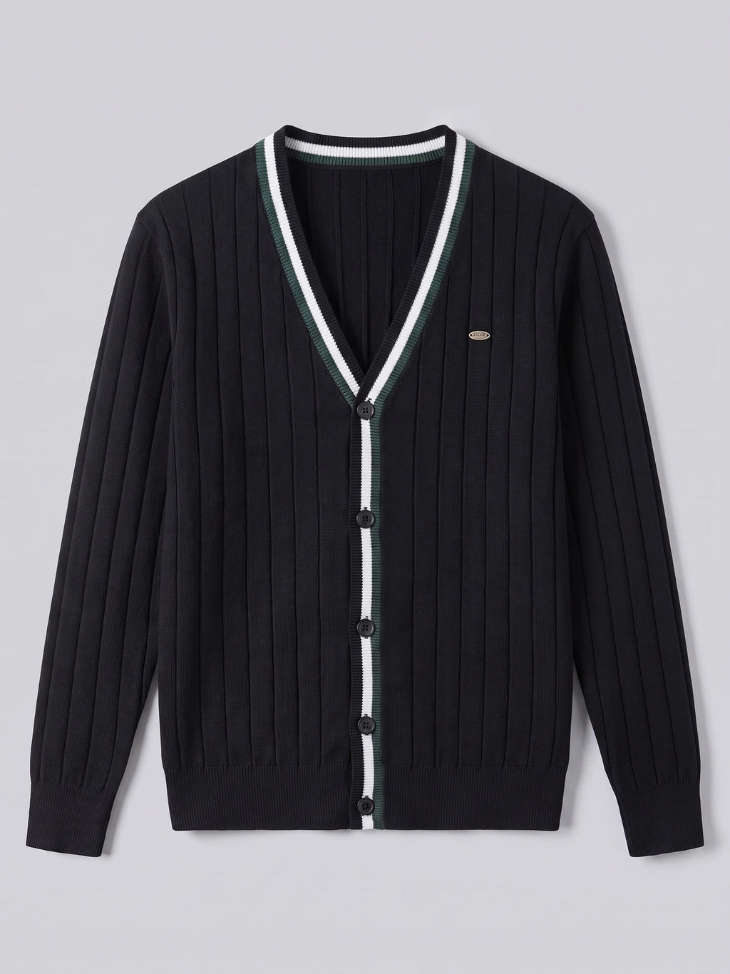 Black cotton Cardigan Sweater laid flat, featuring a ribbed knit, V-neck button front, and striped trim.