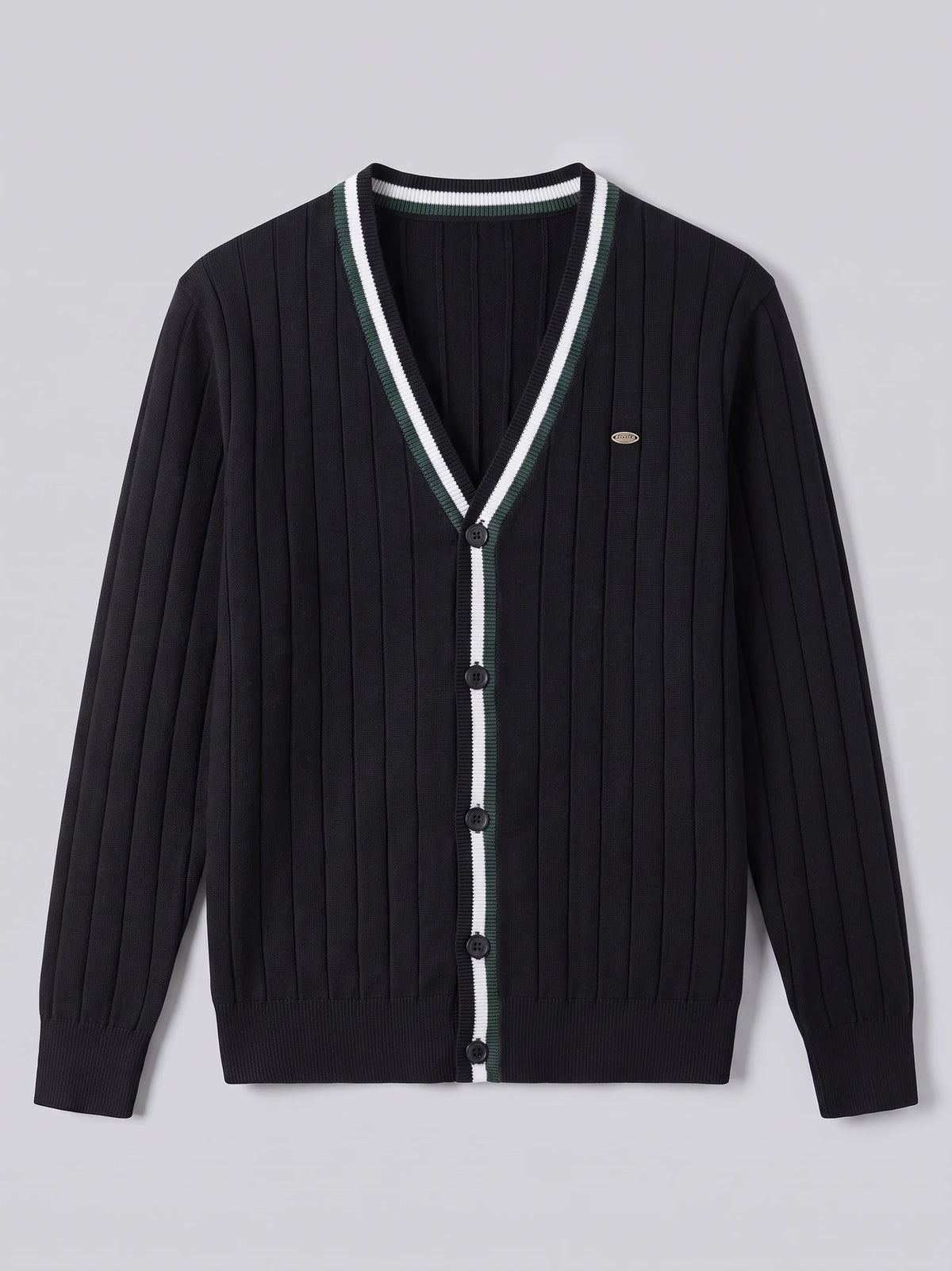 Black cotton Cardigan Sweater laid flat, featuring a ribbed knit, V-neck button front, and striped trim.