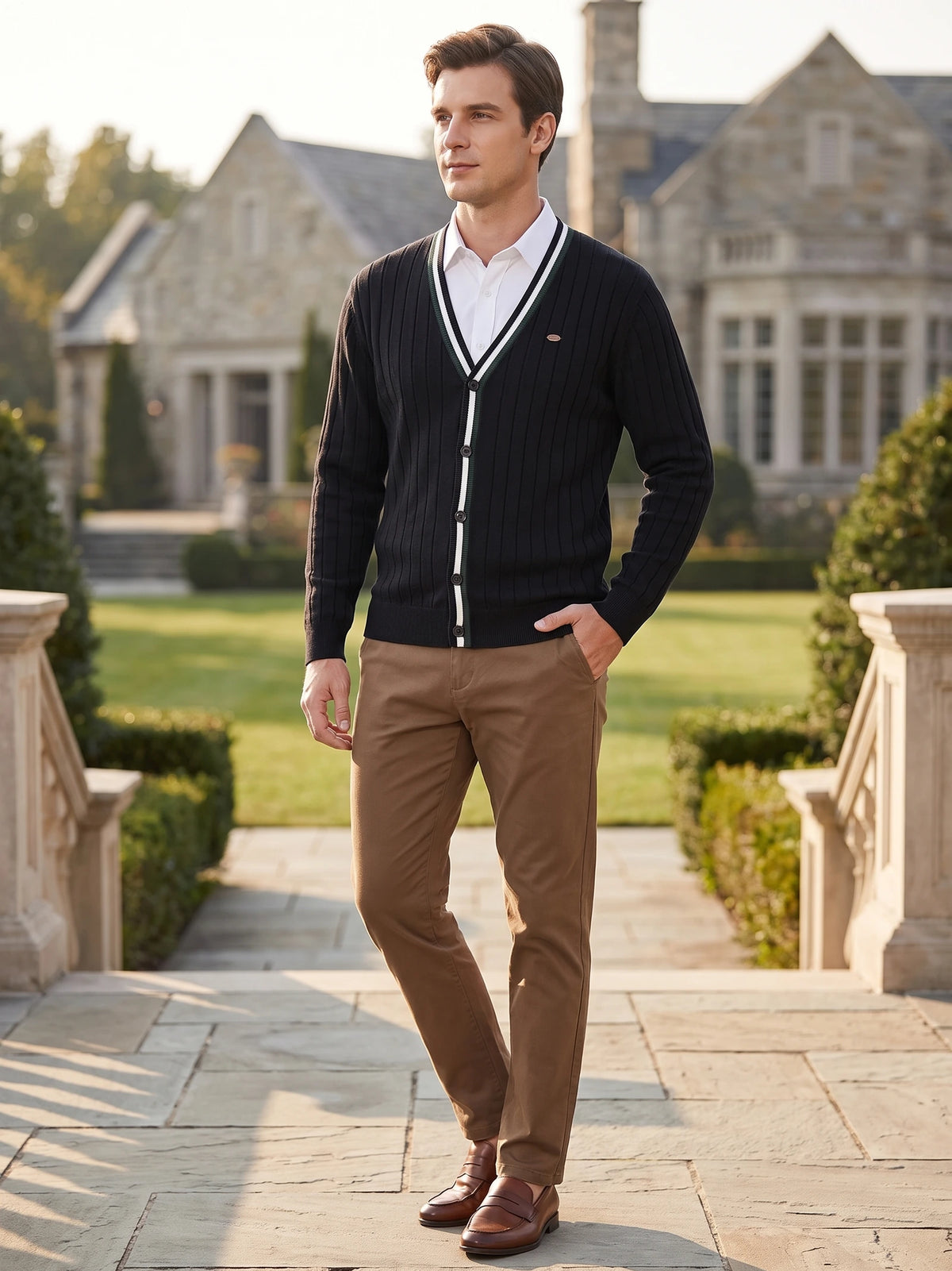 Model walking outdoors in a Black cotton Cardigan Sweater with a ribbed knit and button-front V-neck.