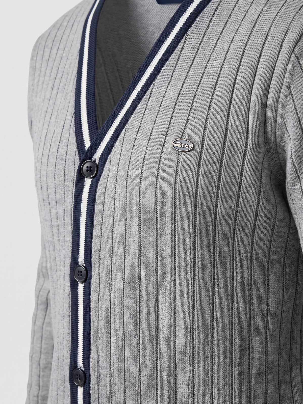 Close-up of a Gray cotton Cardigan Sweater with ribbed knit texture, V-neck trim, and button-front detailing.