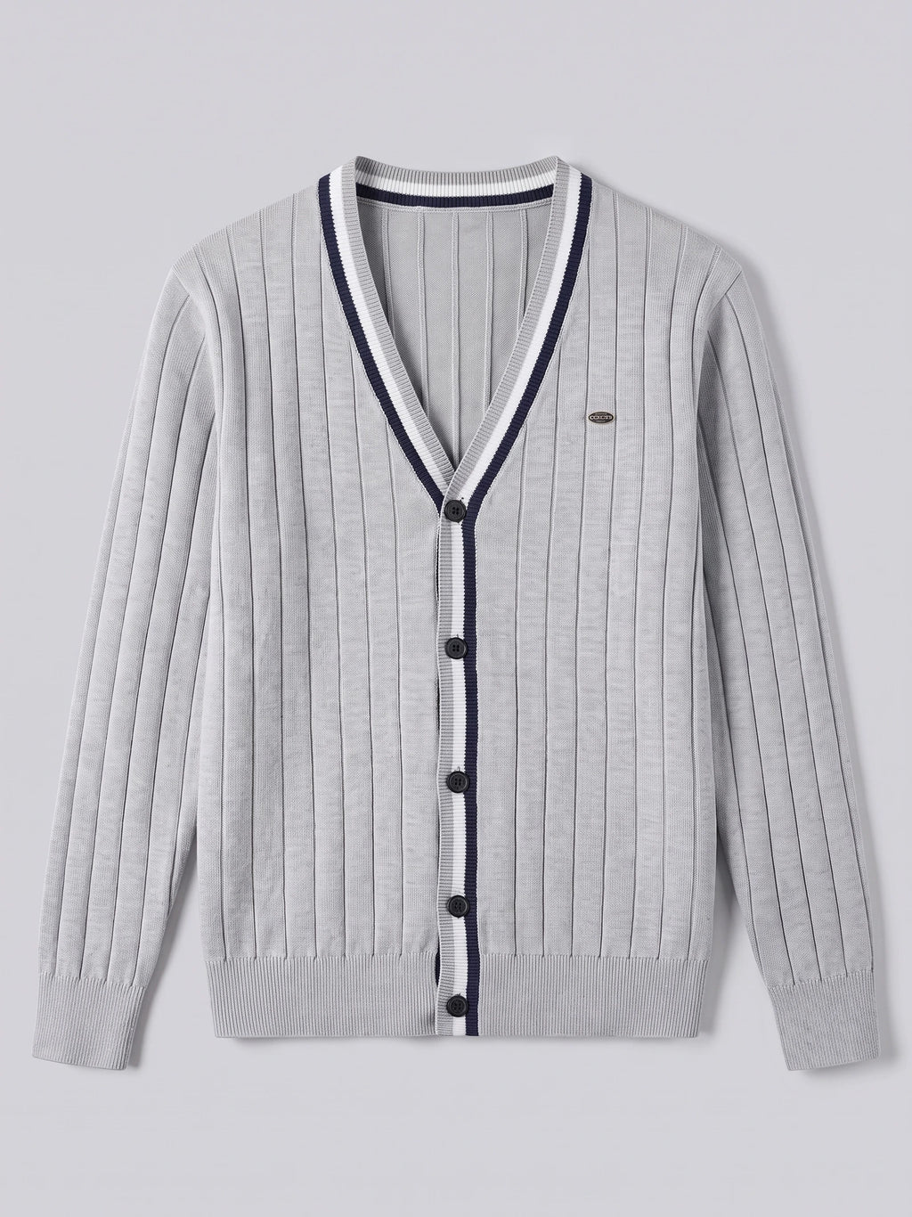 Gray cotton Cardigan Sweater laid flat, featuring a V-neck, button front, ribbed trim, and vertical knit texture.