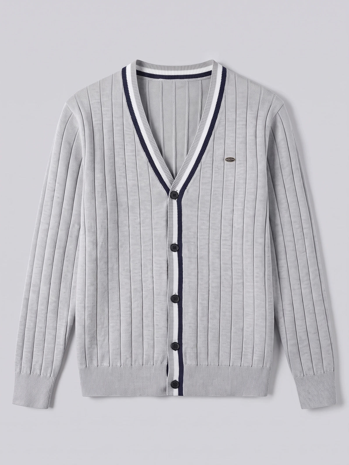 Gray cotton Cardigan Sweater laid flat, featuring a V-neck, button front, ribbed trim, and vertical knit texture.
