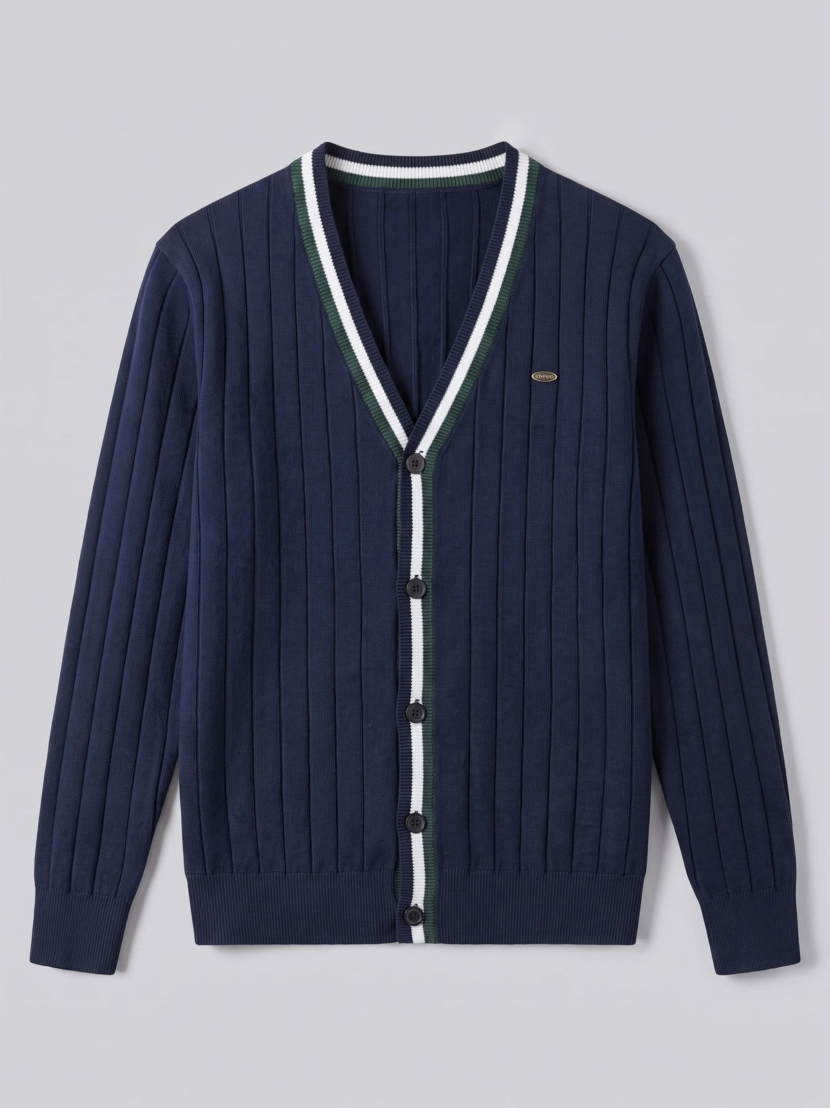 Navy cotton Cardigan Sweater laid flat, featuring a ribbed V-neck, button front, and vertical knit texture.