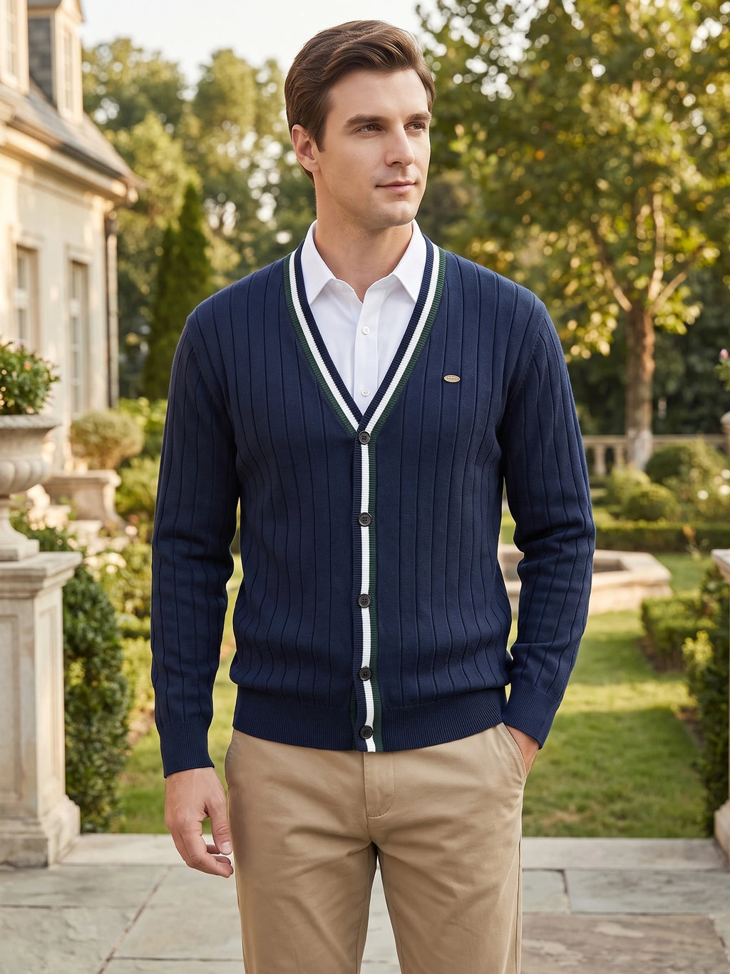 Model wearing a Navy cotton Cardigan Sweater with a striped V-neck and button front in a landscaped garden.