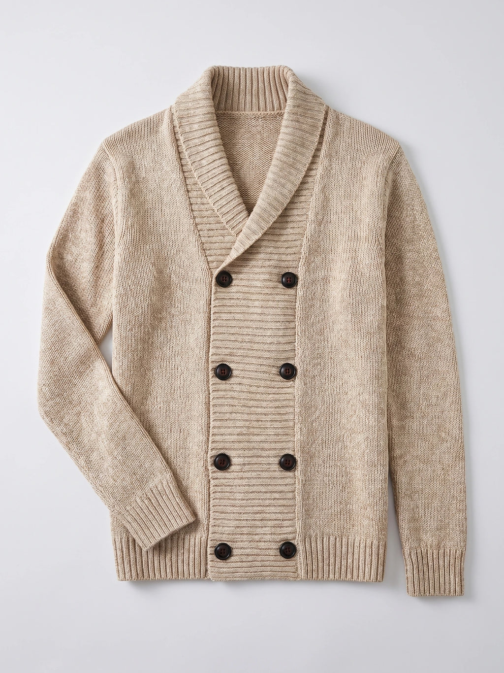 Beige men's Cardigan Sweater laid flat, featuring a ribbed shawl collar, double-breasted button front, and ribbed cuffs and hem.