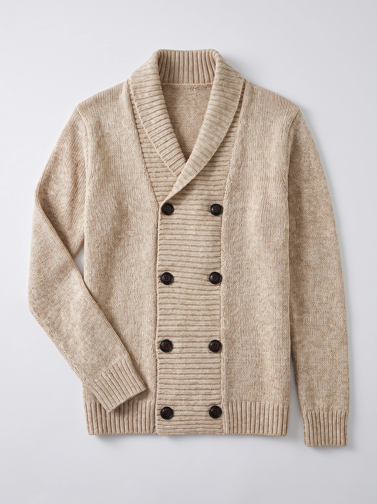Beige men's Cardigan Sweater laid flat, featuring a ribbed shawl collar, double-breasted button front, and ribbed cuffs and hem.
