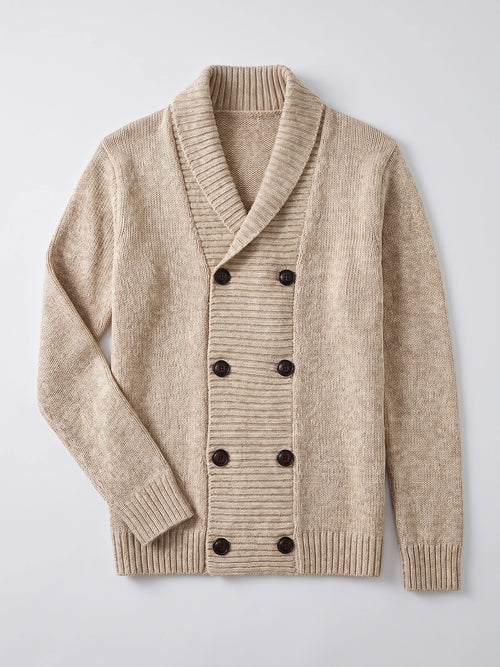 Beige men's Cardigan Sweater laid flat, featuring a ribbed shawl collar, double-breasted button front, and ribbed cuffs and hem.