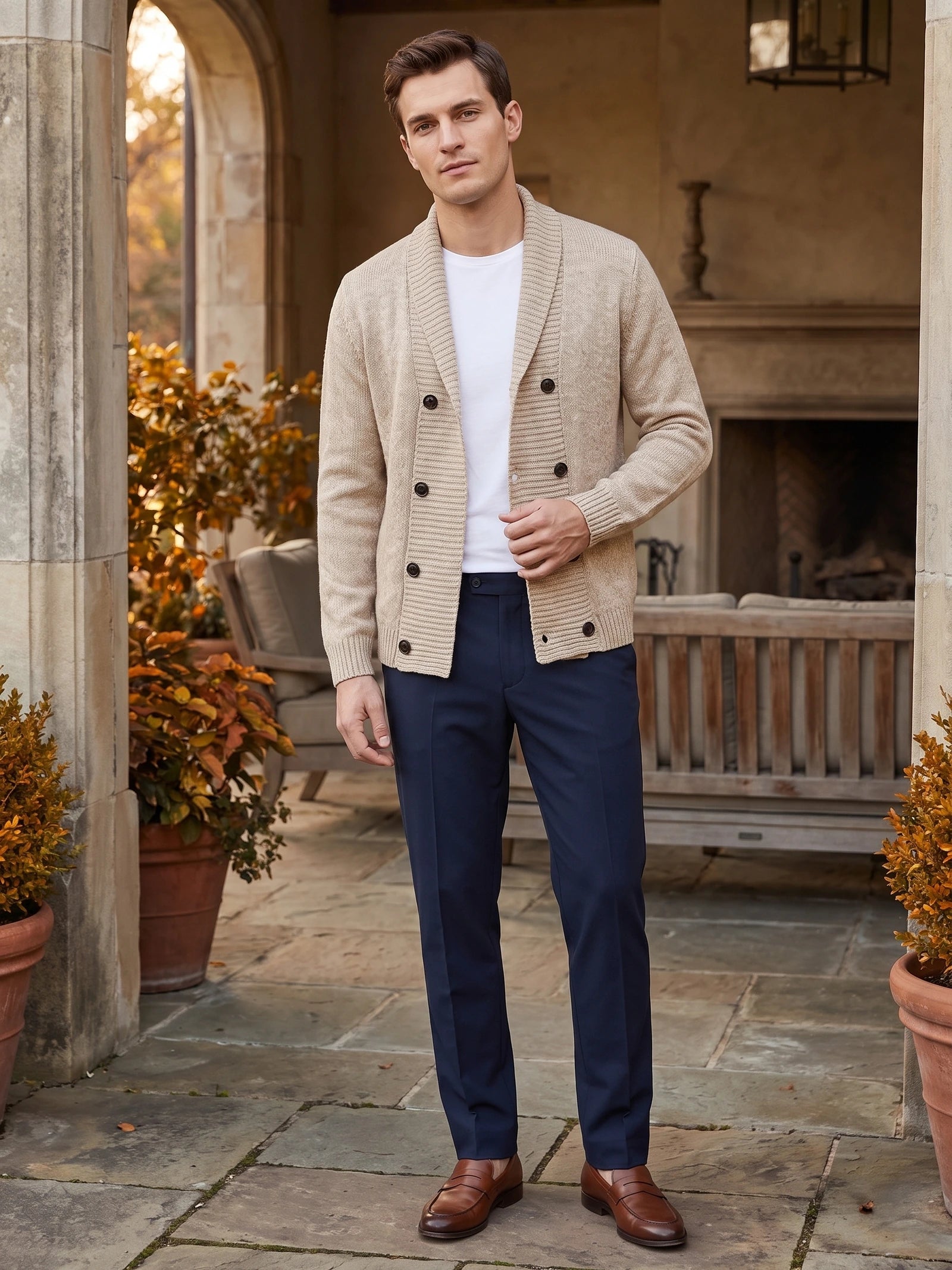Model wearing a Beige Cardigan Sweater with a ribbed shawl collar and double-breasted buttons in a stone courtyard.