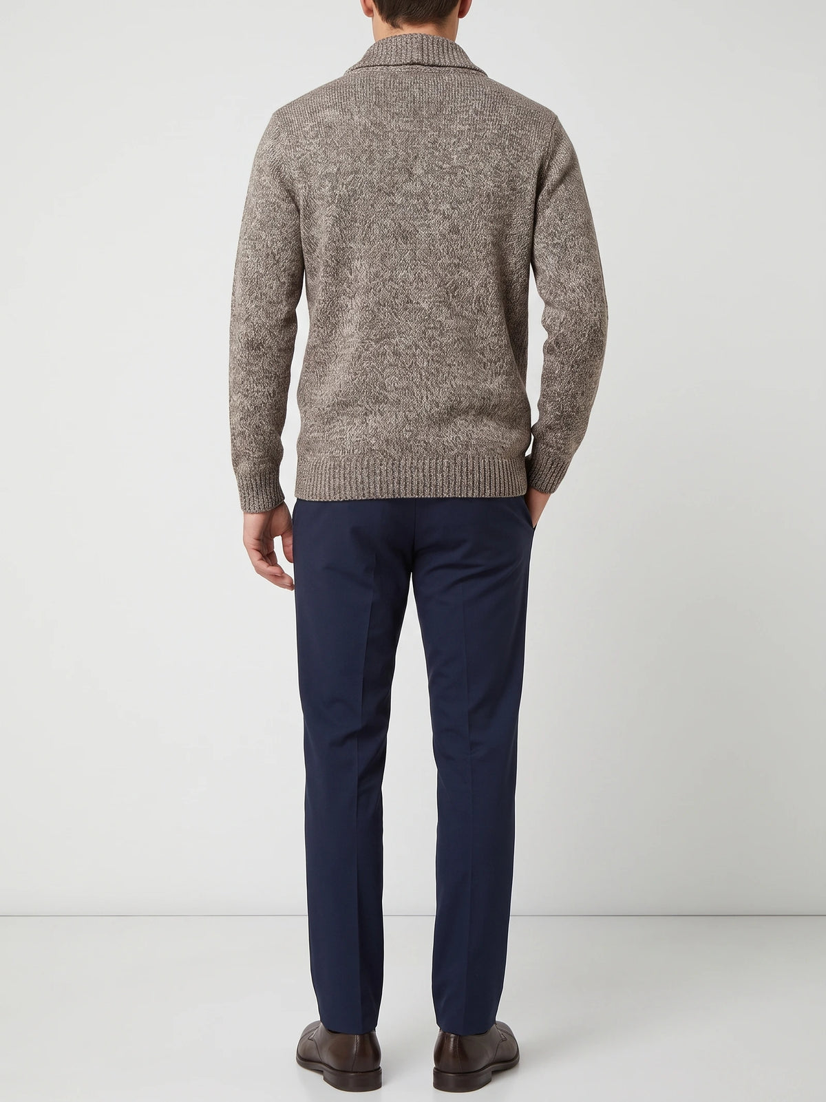 Rear studio view of a model wearing a Brown Cardigan Sweater with a ribbed stand collar, cuffs, and hem.
