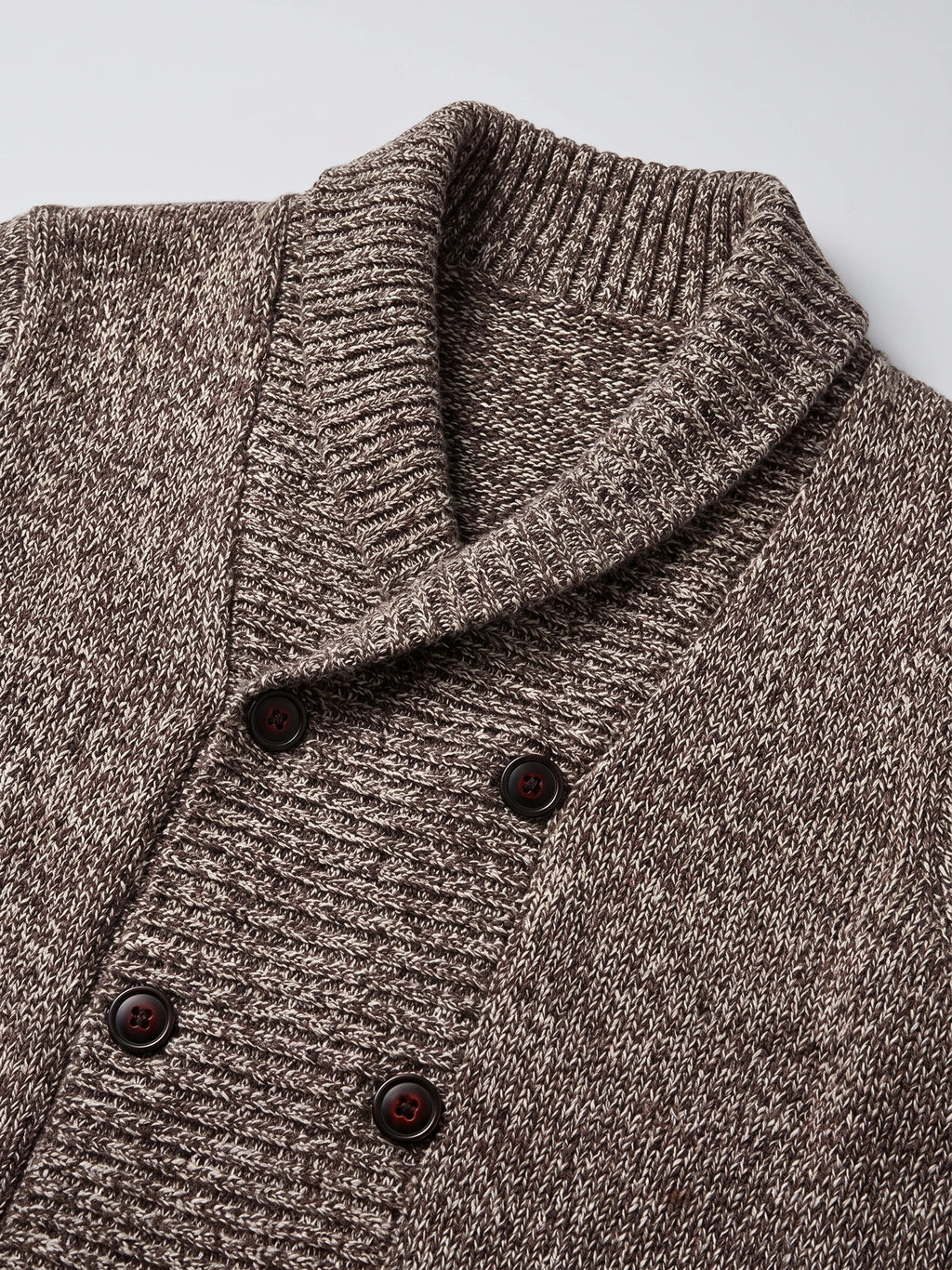 Brown men's Cardigan Sweater close-up showing the shawl collar, textured knit, and double-button front.