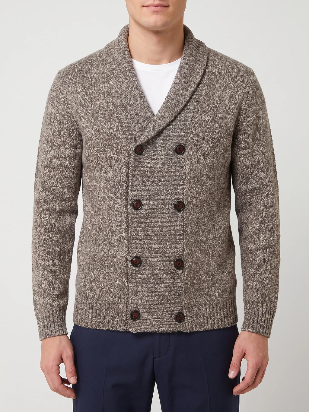 Front studio view of a model wearing a Brown Cardigan Sweater with a shawl collar and double-breasted button closure.