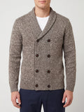 Front studio view of a model wearing a Brown Cardigan Sweater with a shawl collar and double-breasted button closure.