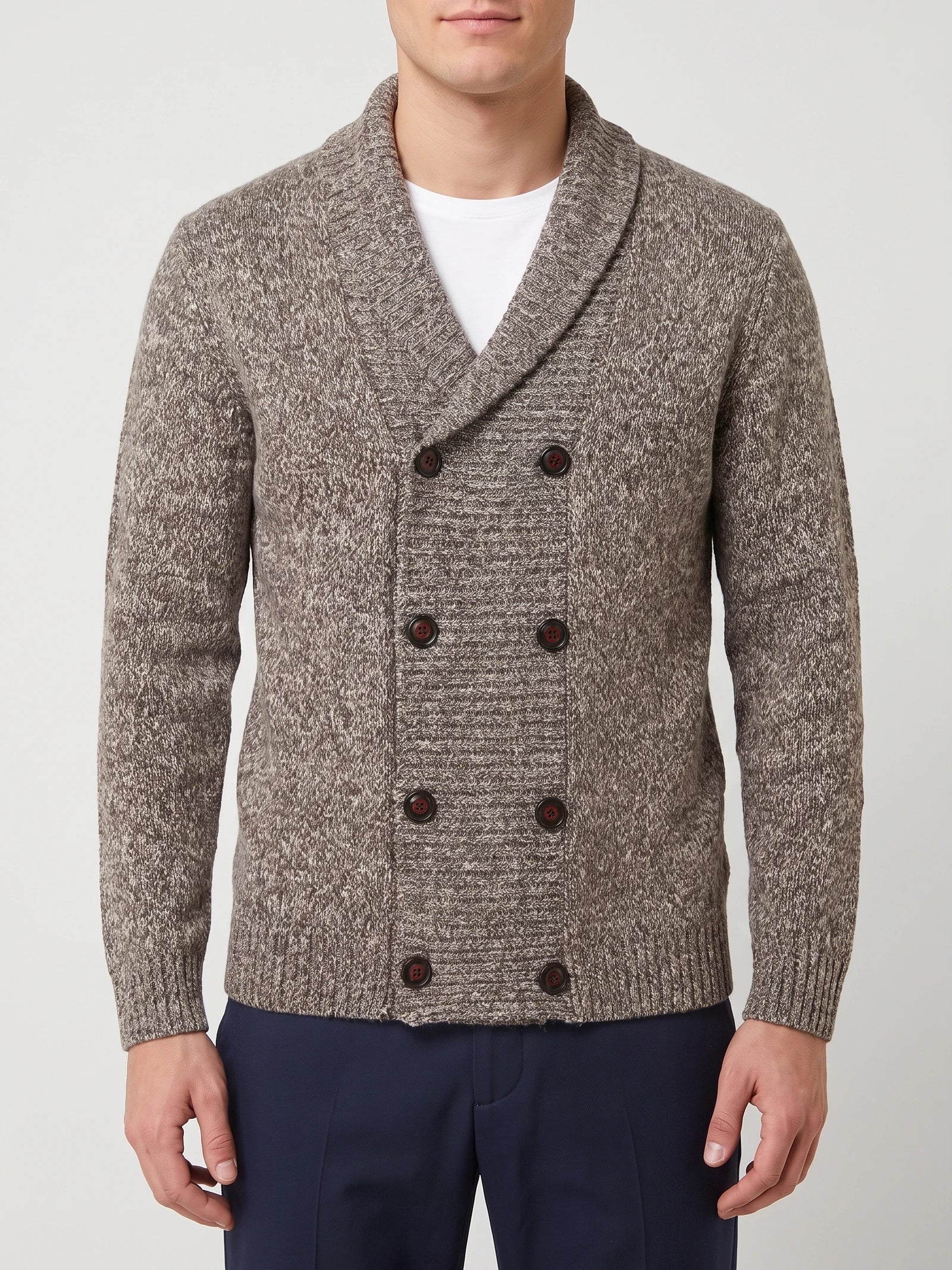 Front studio view of a model wearing a Brown Cardigan Sweater with a shawl collar and double-breasted button closure.