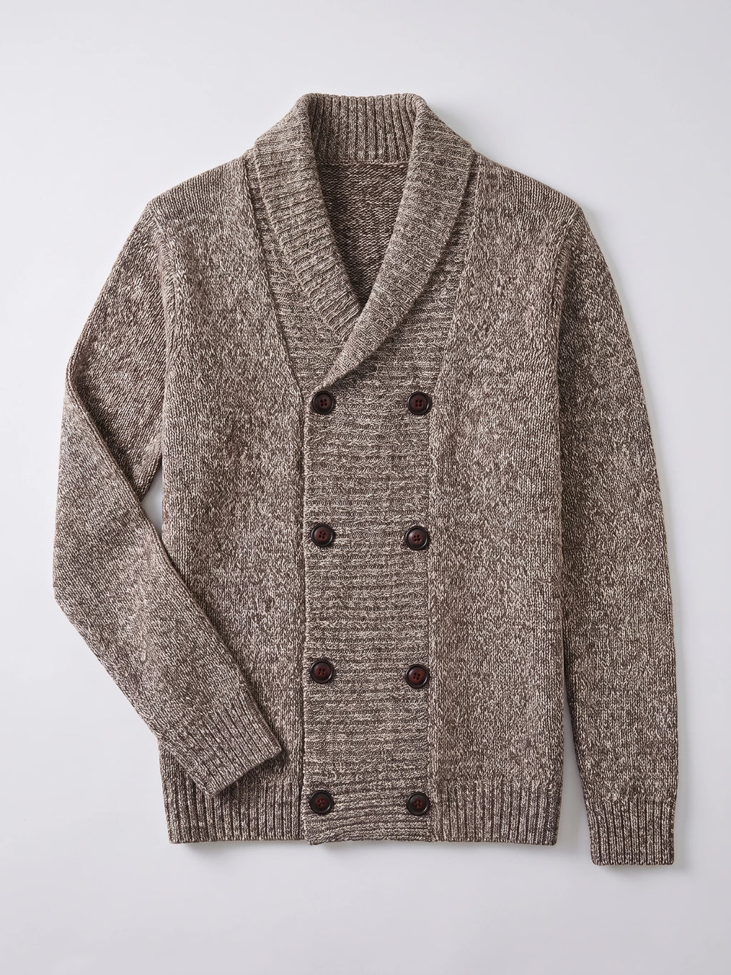 Brown men’s Cardigan Sweater laid flat, featuring a ribbed shawl collar and double-breasted button front.