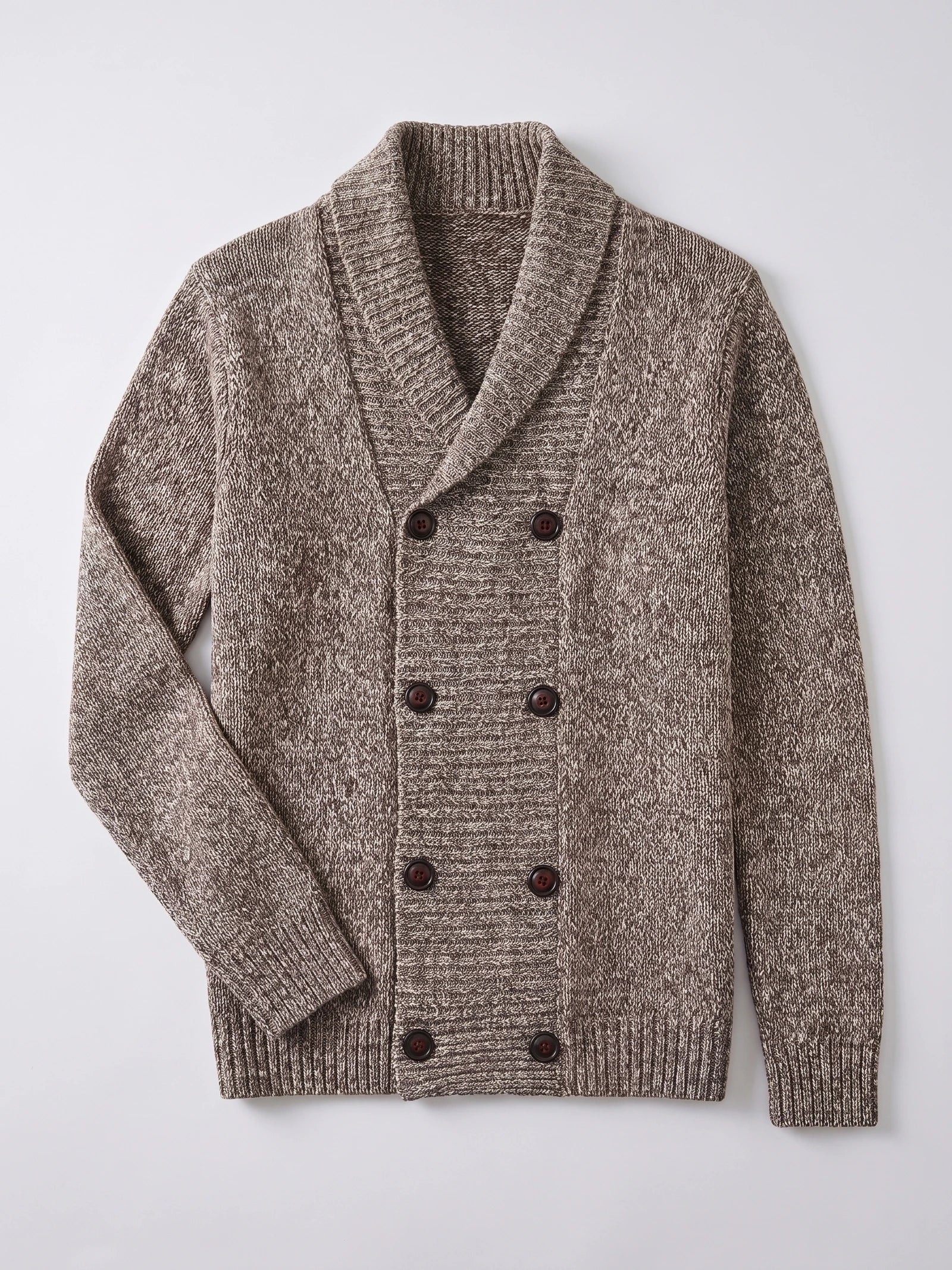 Brown men’s Cardigan Sweater laid flat, featuring a ribbed shawl collar and double-breasted button front.