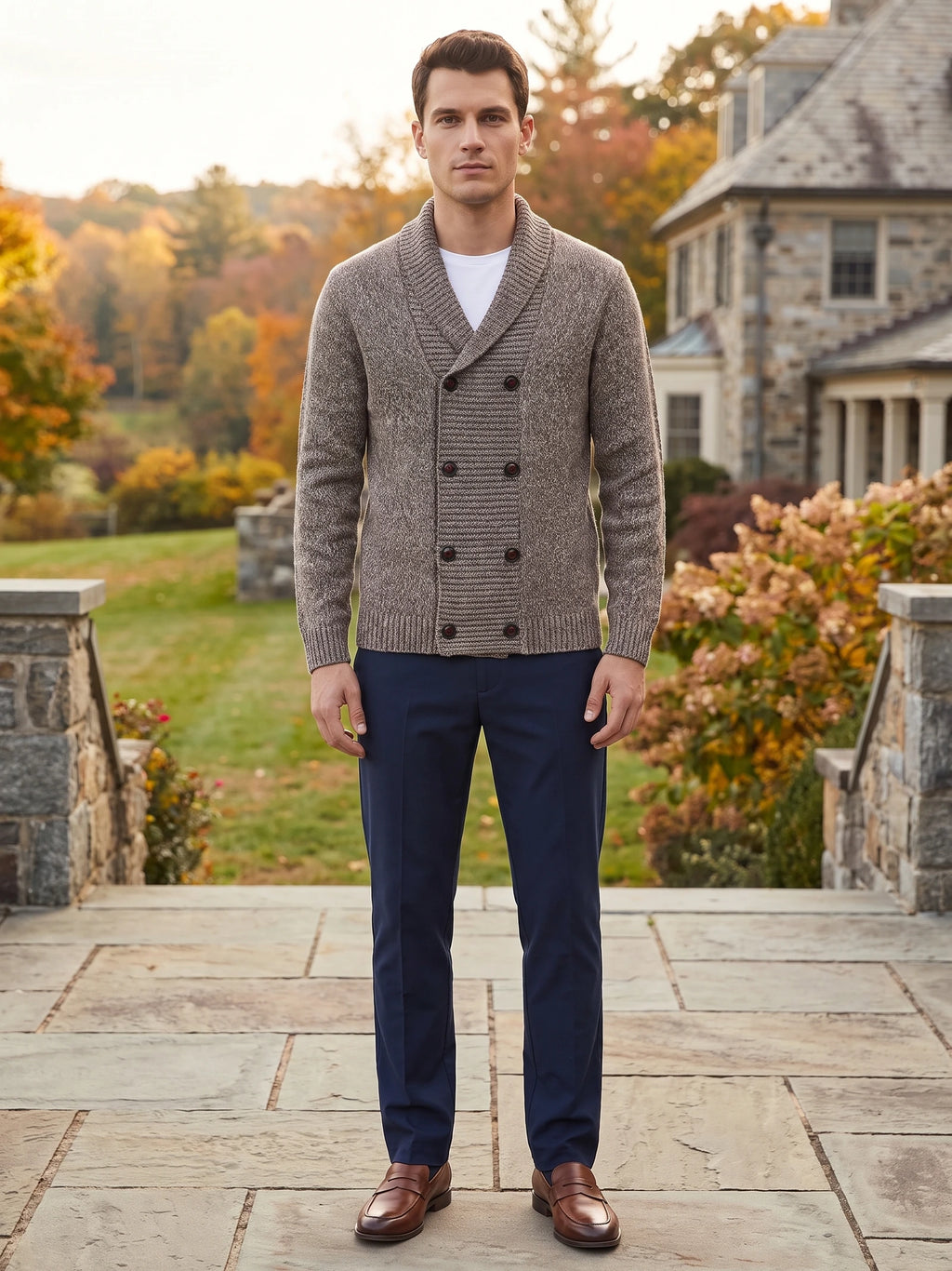 Man wearing a Brown double-breasted Cardigan Sweater with a shawl collar on a stone patio outside a home.