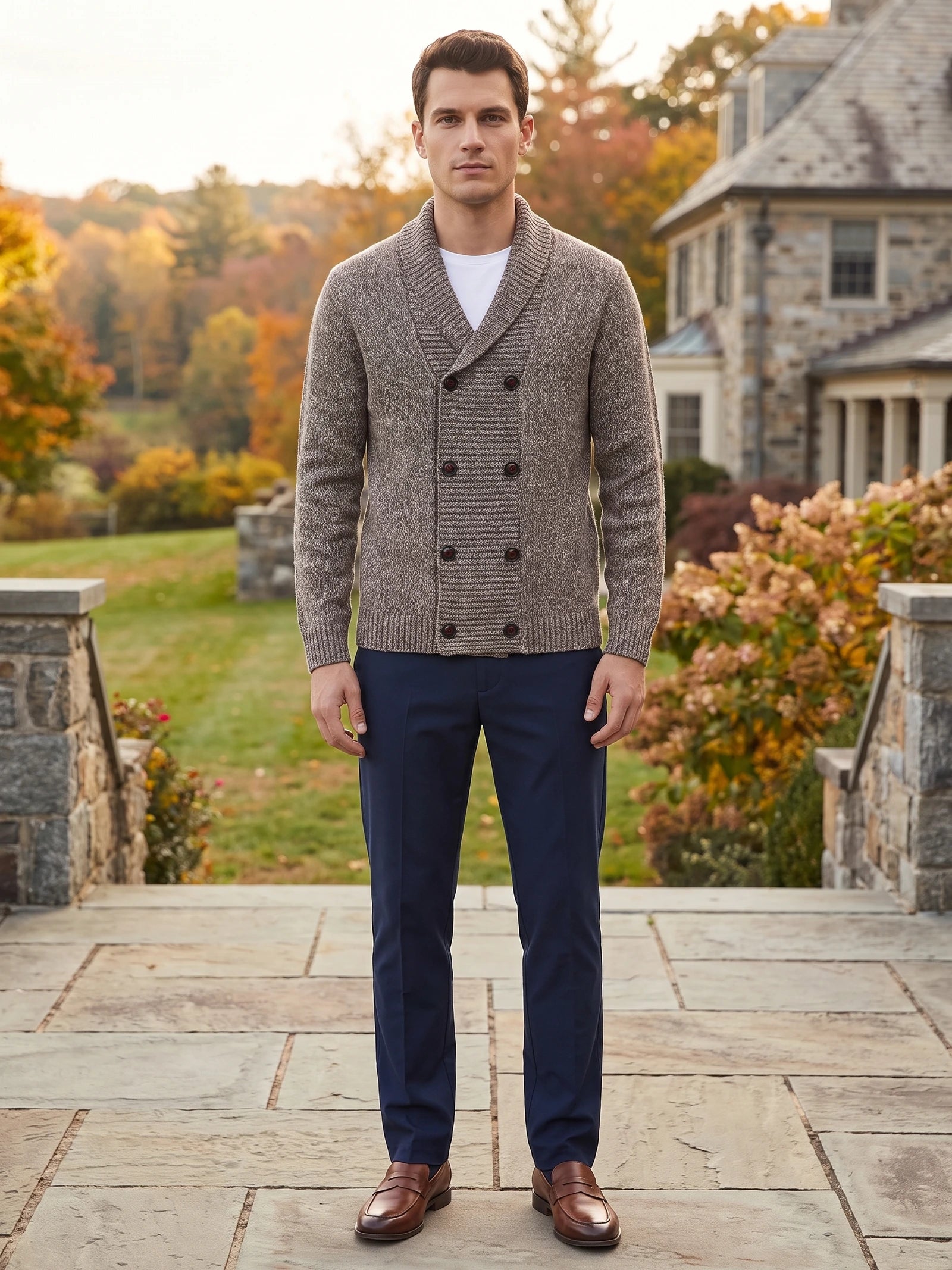Man wearing a Brown double-breasted Cardigan Sweater with a shawl collar on a stone patio outside a home.