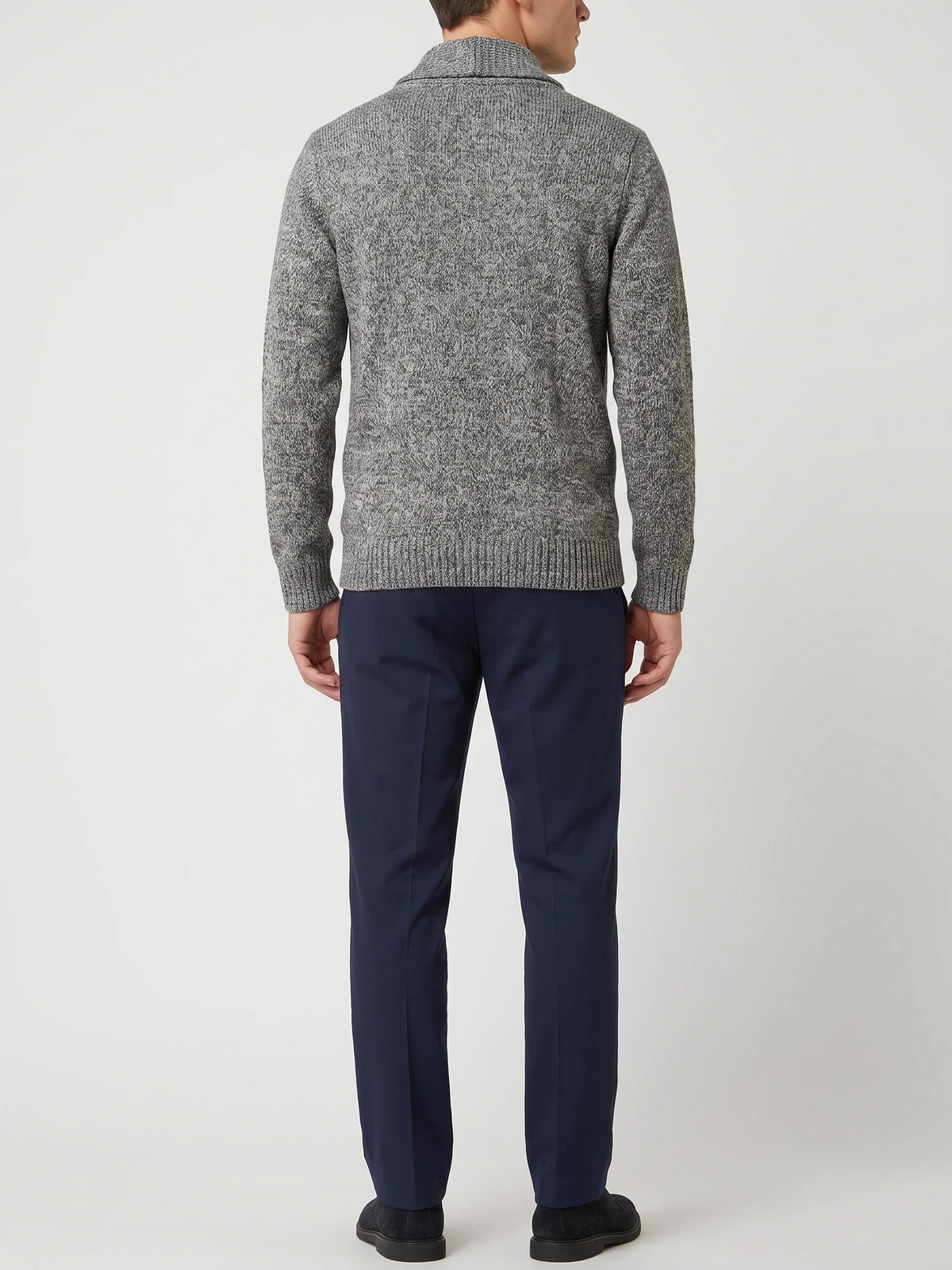 Rear studio view of a model wearing a Gray men's Cardigan Sweater with a textured knit and ribbed hem and cuffs.