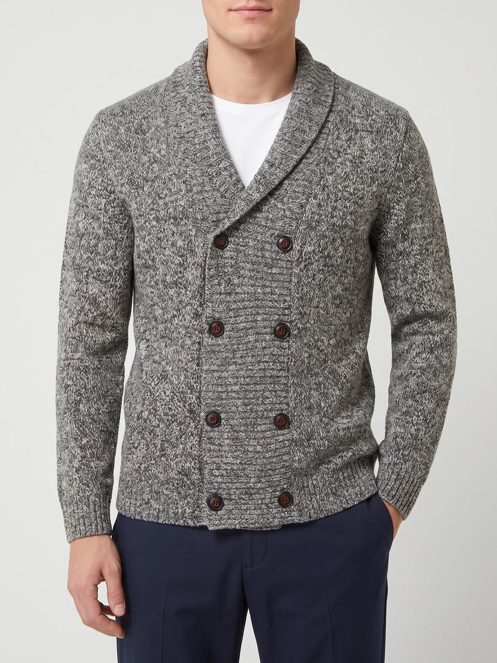 Front studio view of a model wearing a Gray Cardigan Sweater with a shawl collar and double-breasted button front.