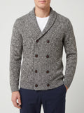 Front studio view of a model wearing a Gray Cardigan Sweater with a shawl collar and double-breasted button front.
