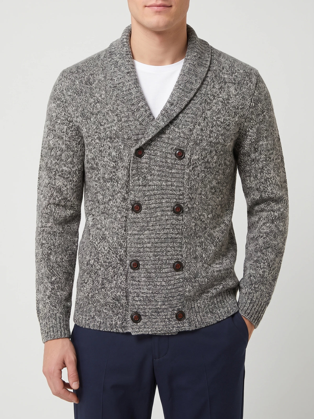 Front studio view of a model wearing a Gray Cardigan Sweater with a shawl collar and double-breasted button front.