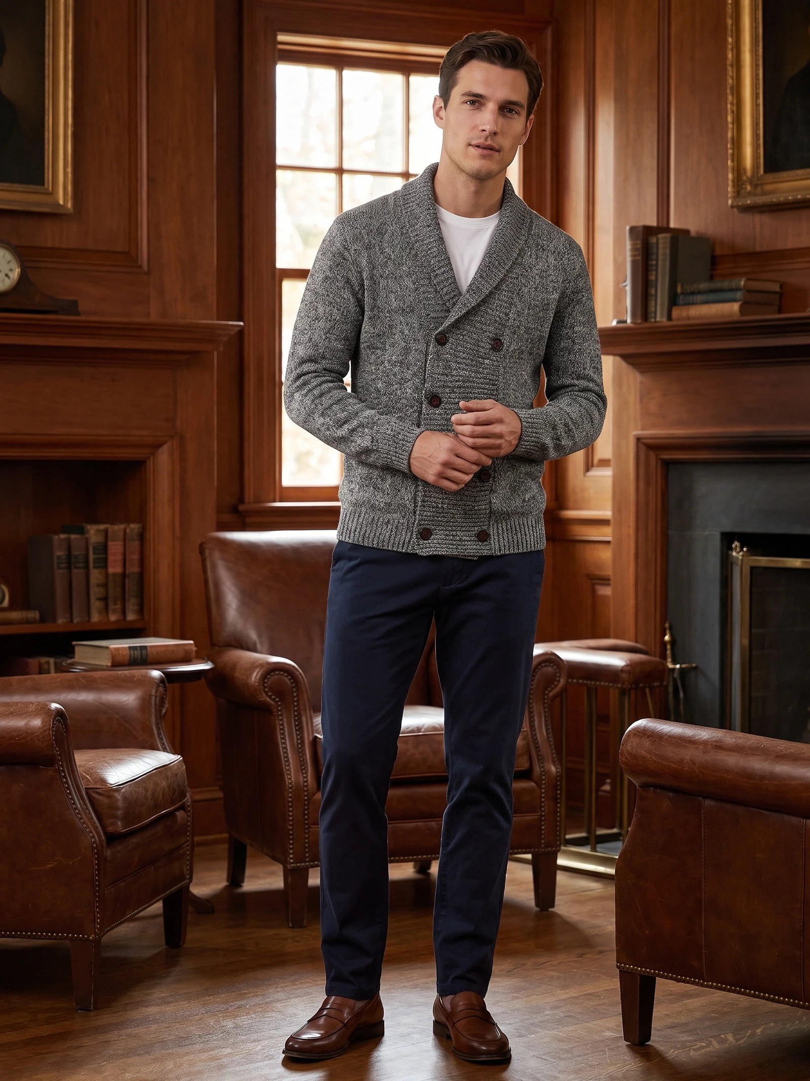 Man wearing a Gray double-breasted knit Cardigan Sweater in a wood-paneled study with leather armchairs and a fireplace.